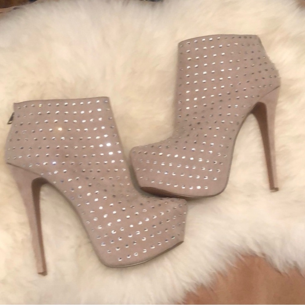Chic Beige Studded High Heel Ankle Boots